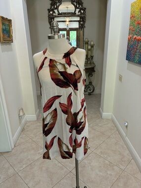 Cream Halter Mini Dress with Red Leaf Print